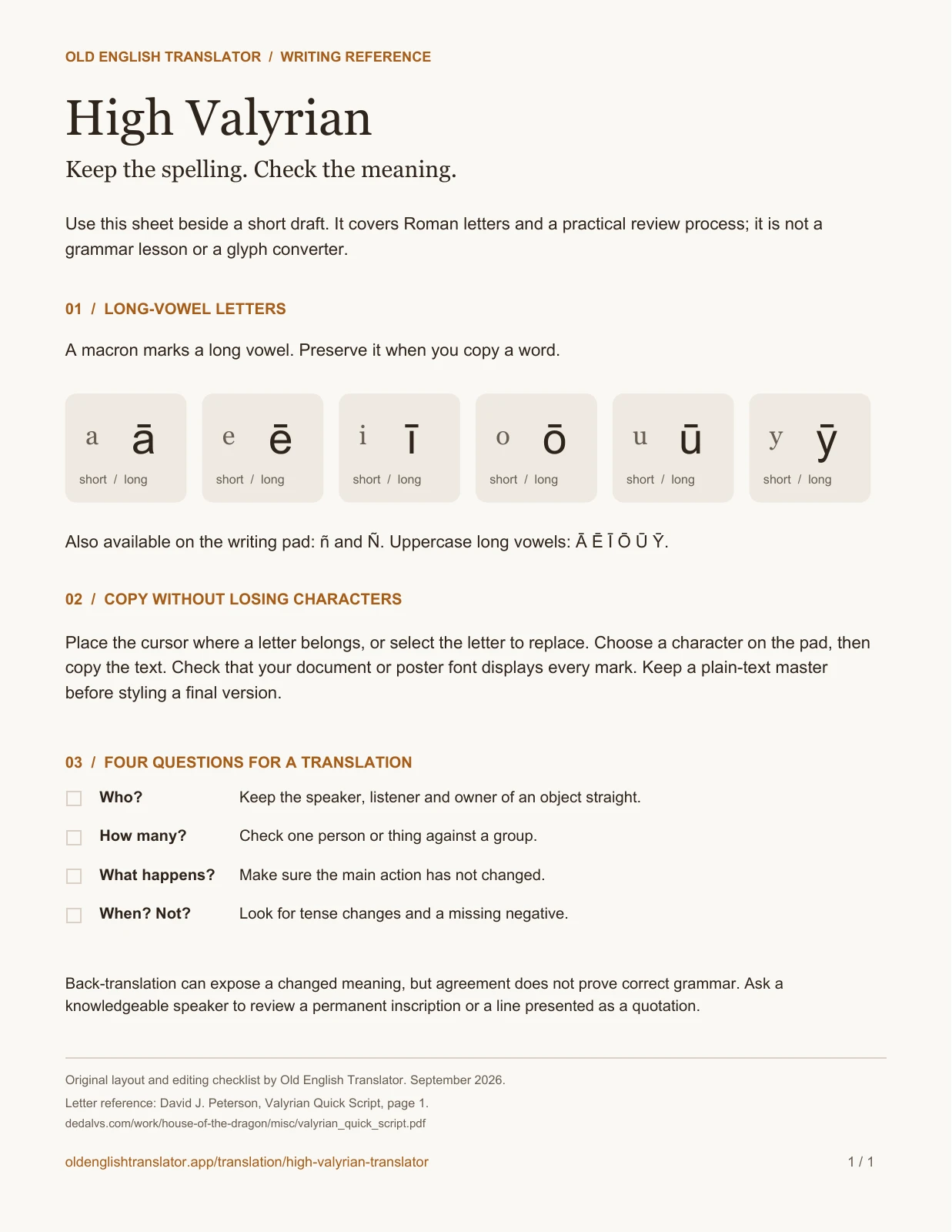 Writing reference with the long-vowel pairs a/ā, e/ē, i/ī, o/ō, u/ū, y/ȳ, copying instructions and a four-question meaning checklist.